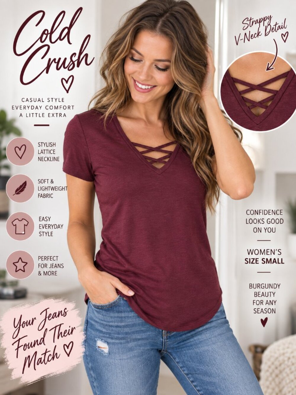 Burgundy Lattice Neck Tee Small Strappy V Neck Soft Curved Hem Casual Knit Top